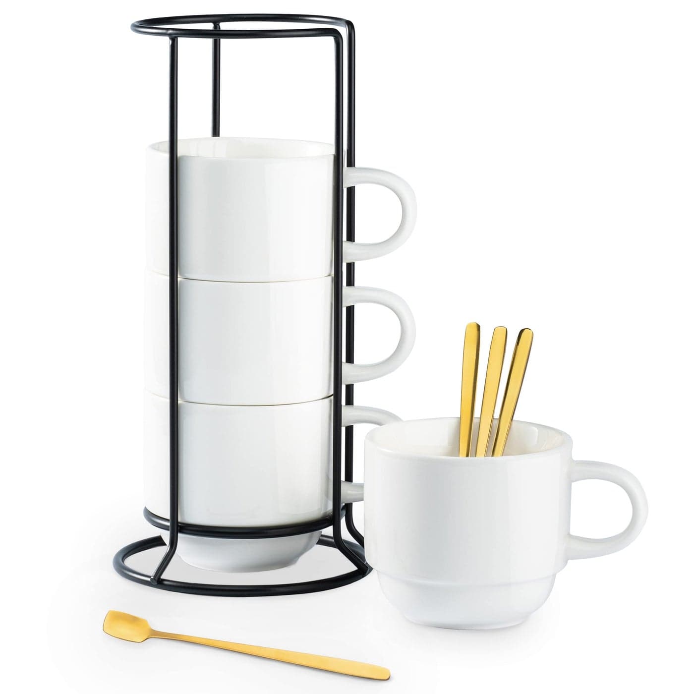 YHOSSEUN Porcelain Coffee Mug Set With Metal Stand Ceramic Cups with Espresso Spoons 11 Ounce Mug Set Perfect For Americano Chocolate Drinks Milk Tea Set of 4 White