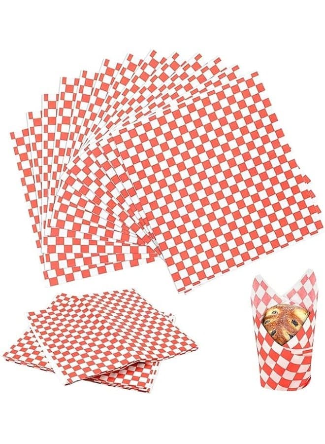 100 Sheets Disposable Deli Wrap Paper, Paper Liners for Plastic Food Basket, Food Basket Liners, Greaseproof Food Grade Wrapping Paper, for Food Burger Sandwich Picnic Plastic Coat (Red Chequered)