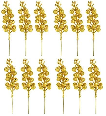 Forty Wings 10 Pcs Glitter Gold Berry Berries StemCherry Bunch Fruit Hanging Ornaments Christmas Xmas Tree Decoration for Xmas Christmas Decoration Craft
