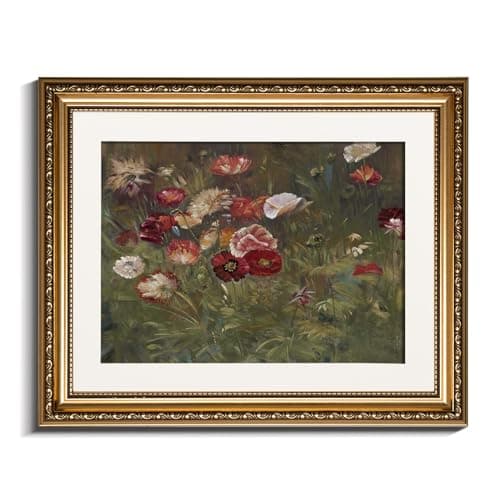 InSimSea Gold Picture Framed Wall Art, Living Room Bedroom Bathroom Vintage Flowers Poppies Pictures Wall Decor, Botanical Canvas Print Art, Home Decor, Paintings with Frames 13x16inch