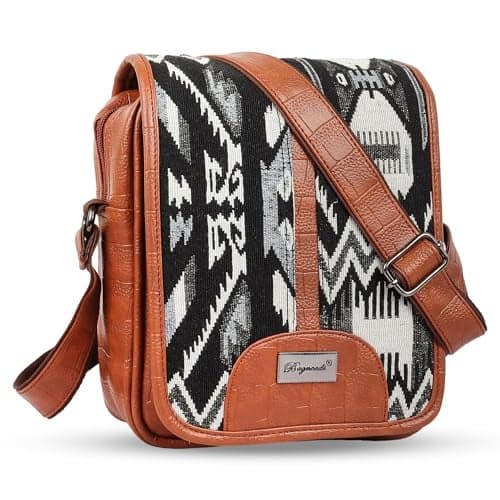 Bagneeds® Stylish Printed Canvas PU Leather Sling Cross Body Travel Office Business Messenger One Side Shoulder Bag for Men Women (Tan)