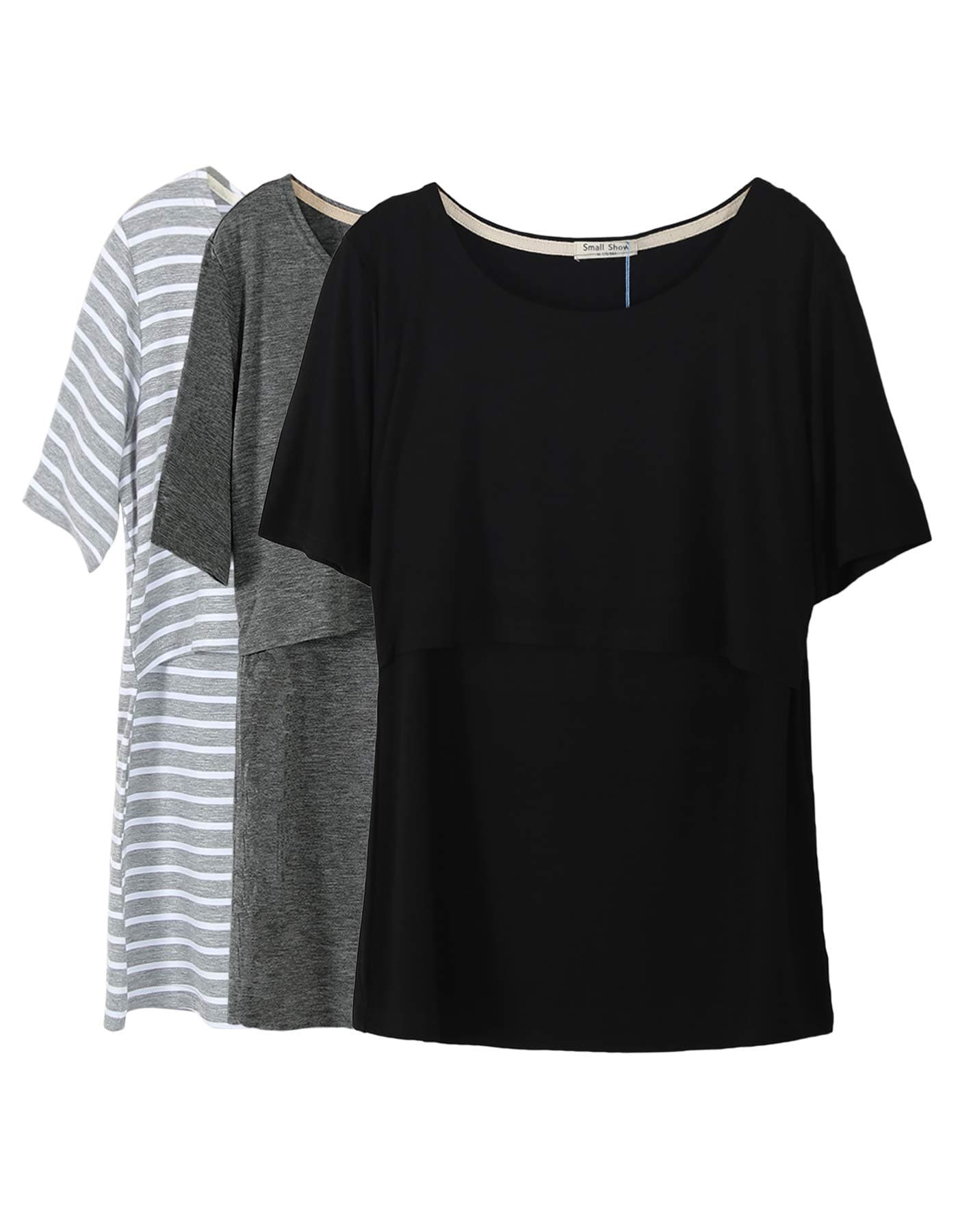 Smallshow 3 Pcs Maternity Nursing T-Shirt Nursing Tops Grey Stripe-Dim Grey-Black Medium