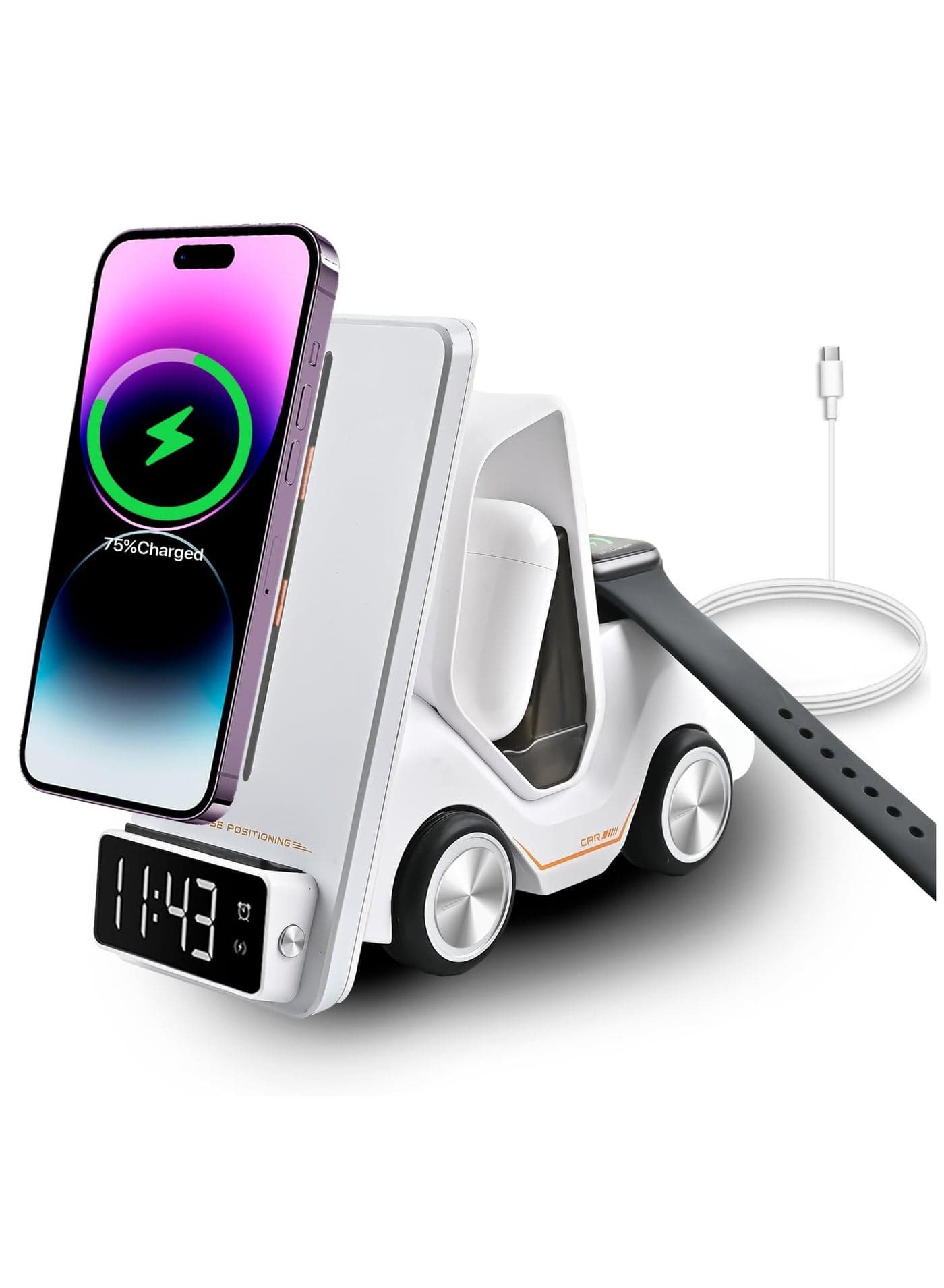 5-in-1 Wireless Charging Station with Fast Charging for iPhone 12-15, AirPods Pro, Apple Watch, Alarm Clock and Night Light, Ultimate Convenience