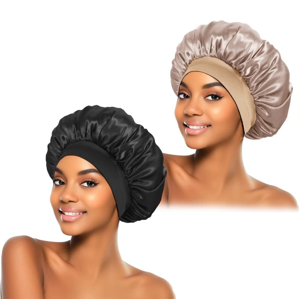 ZHENSILK 2Pcs Silk Bonnet for Sleeping Satin Hair Bonnets Soft Elastic Band Silk Sleep Cap Hair Wrap for Women Black Gold