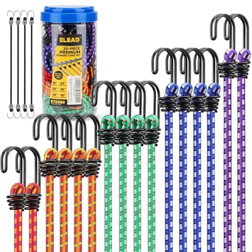 Bungee Cords Heavy Duty Outdoor: 20 Pcs Premium Rubber Bungee Cords with Hooks in a Storage Jar Includes 10", 18", 24", 30", 36", 48" Bungee-Cord for Camping, Tent, Fastening Items