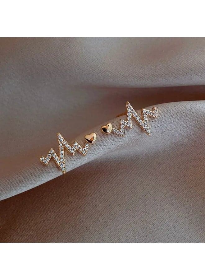 Matt Gold-Plated Sparkling ECG Heartbeat Earrings – Stylish Studs for Women & Girls, Perfect Birthday or Anniversary Gift