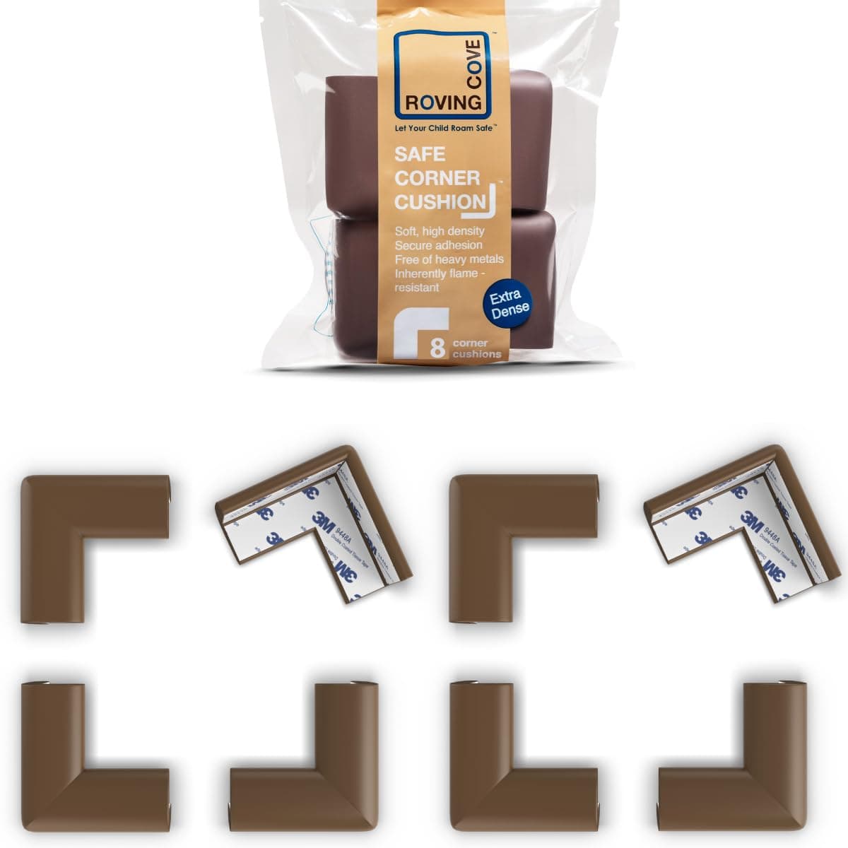 Roving Cove SlimFit Corner Protector for Baby Proofing 8 Small Corners Soft Rubber Foam Furniture Corner Bumper Guards 3M Adhesive PreTaped Coffee Brown