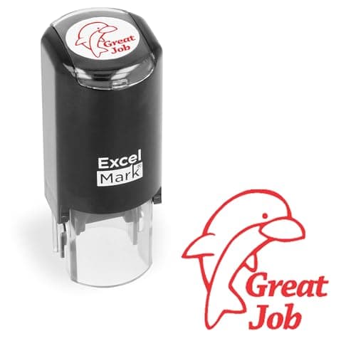 ExcelMark Round Teacher Stamp - Great Job (Dolphin) - RED Ink