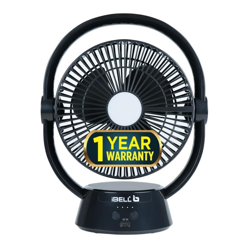 IBELL Portable Table Fan Rechargeable For Home, Mini Size, High Speed, With 2 LED Light Settings, 3 Speed Modes, USB Charging, High Speed (Black)