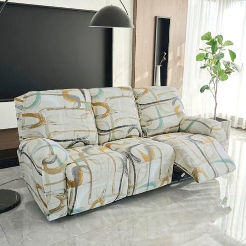 HOKIPO 'Elira Series' Polyester Blend 140Gsm Stretchable Recliner Sofa Cover 3 Seater, Parchement Beige Abstract Art (Ar-4942-C6)