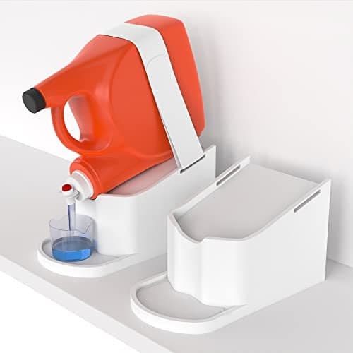 IMPRESA Laundry Detergent Stand 2Pack White Drip Catcher Liner Laundry Detergent Storage Hook Loop Strap Secure Grip Feet Room Organization