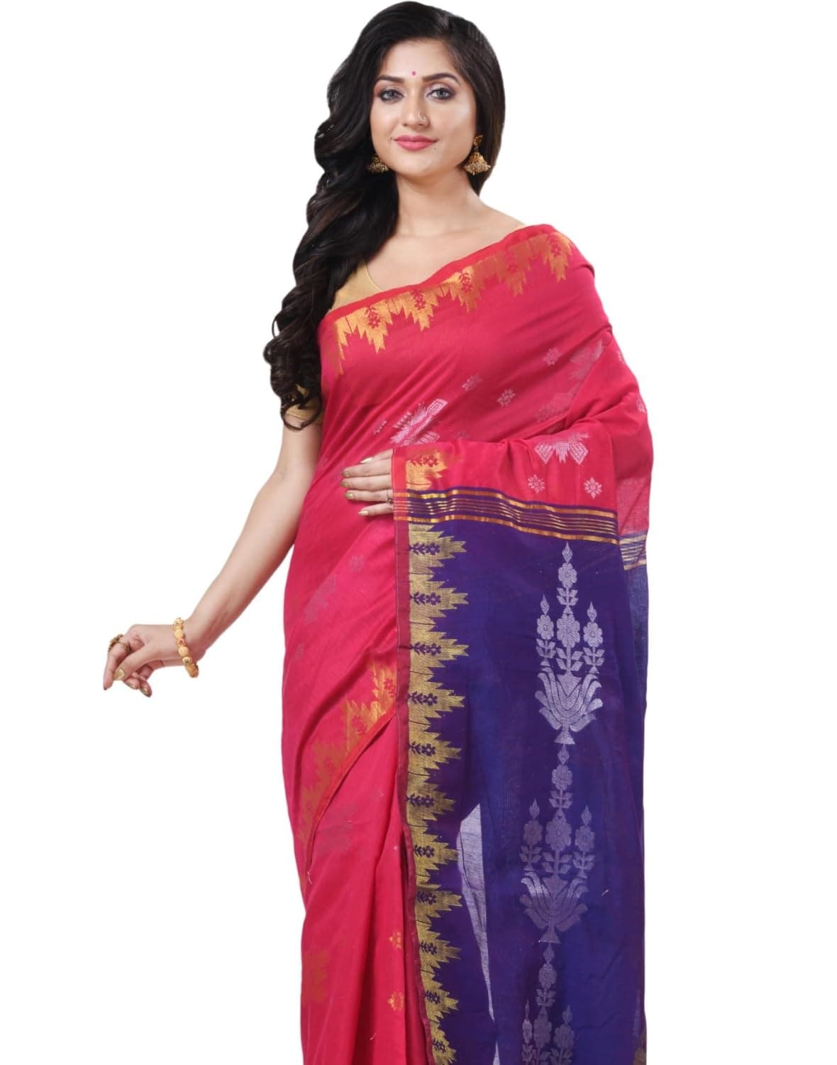 dB DESH BIDESH Women`s Tant Cotton Silk Handloom Cotton Blend Saree Jharbati Work With Blouse Piece (Pink Blue)