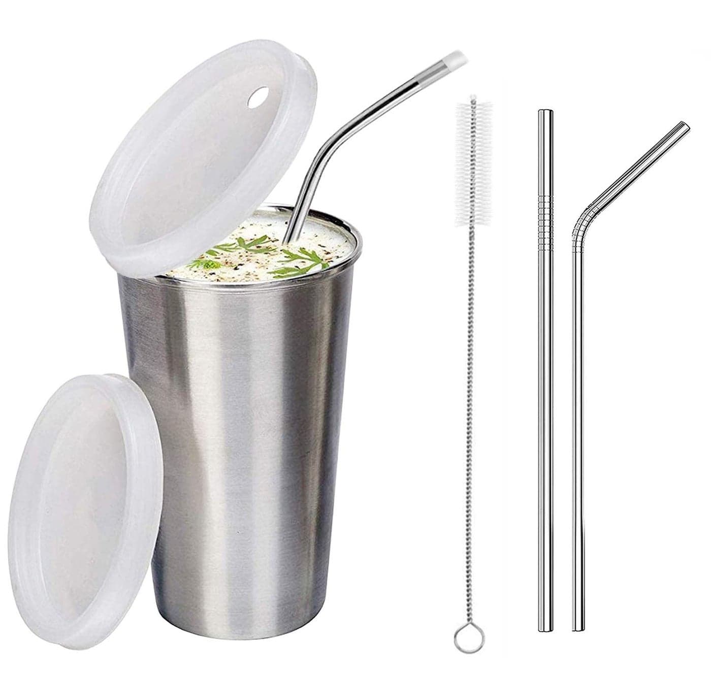 NOBILEA Stainless Steel Tumbler with Silicon Lid Capacity 370 ml Leak Proof Set of 1 pcs with 2 Straws 1 Brush Glass with Silicon lid Steel Glass with LidSilver