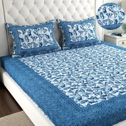 ColorKart 180 Tc Pure 100% Cotton Double Bed Sheet With 2 Pillow Covers (Bedsheet For Double Bed Cotton, Blue Butterfly Floral Jaipuri, King Size Summer 18