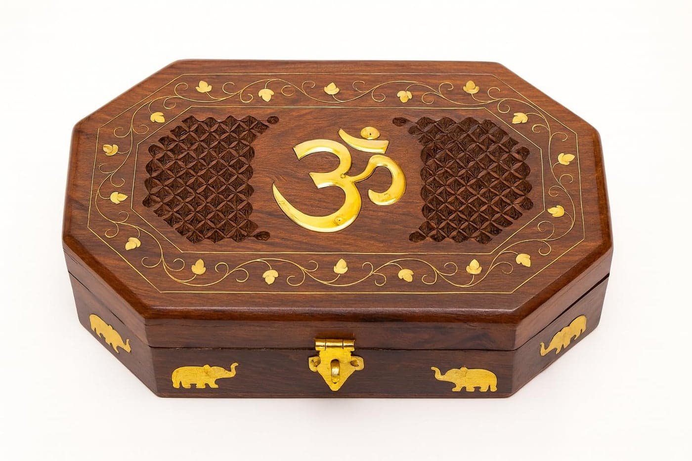 CRAFTCASTLE Handcrafted Wooden Jewellery Box with Elephant Inlay, Octagonal Shape, Carved Floral Design, Brown, 10x6x2.5 Inches