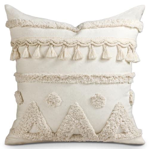 Kokaaee Throw Pillow Covers 18x18 Tufted Boho Decorative Pillow Cover with Zipper for Couch Sofa Bed Living Room Aesthetic Soft Farmhouse Textured Striped Indoor Pillowcase Cream Tassel