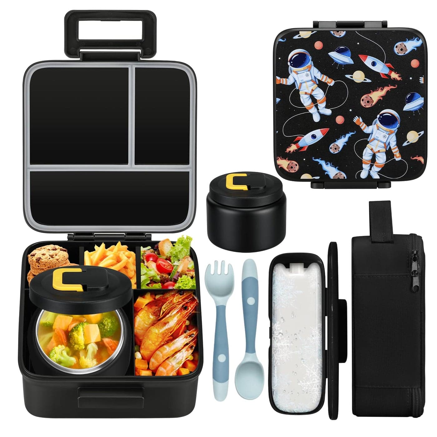 MAISON HUIS Kids Bento Lunch Box Set With 8oz Soup Thermo Leakproof Lunch Containers with 5 Compartment Thermo Hot Food Jar and Insulated Lunch Bag BPA FreeTravel School Black Astronaut