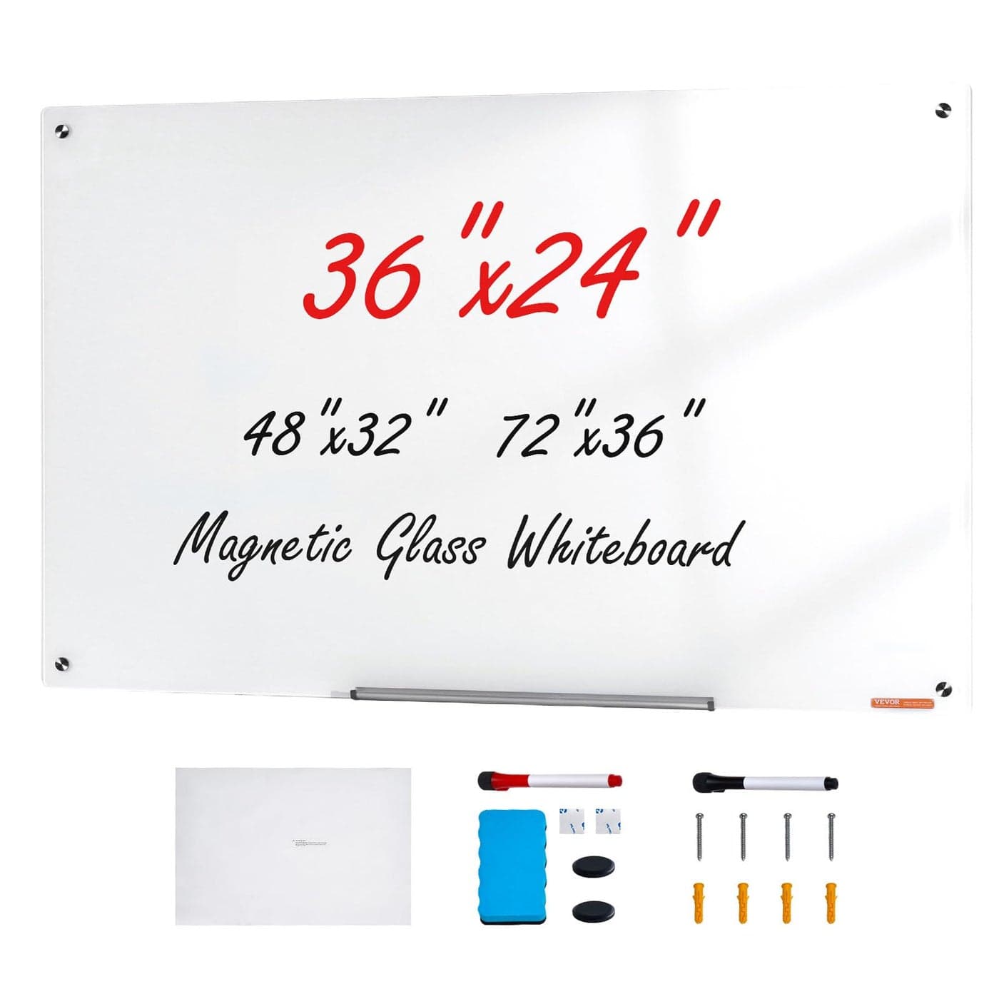 VEVOR Magnetic Glass Whiteboard Dry Erase Board 36x24 WallMounted Large White Glassboard Frameless with Marker Tray an Eraser and 2 Markers Black