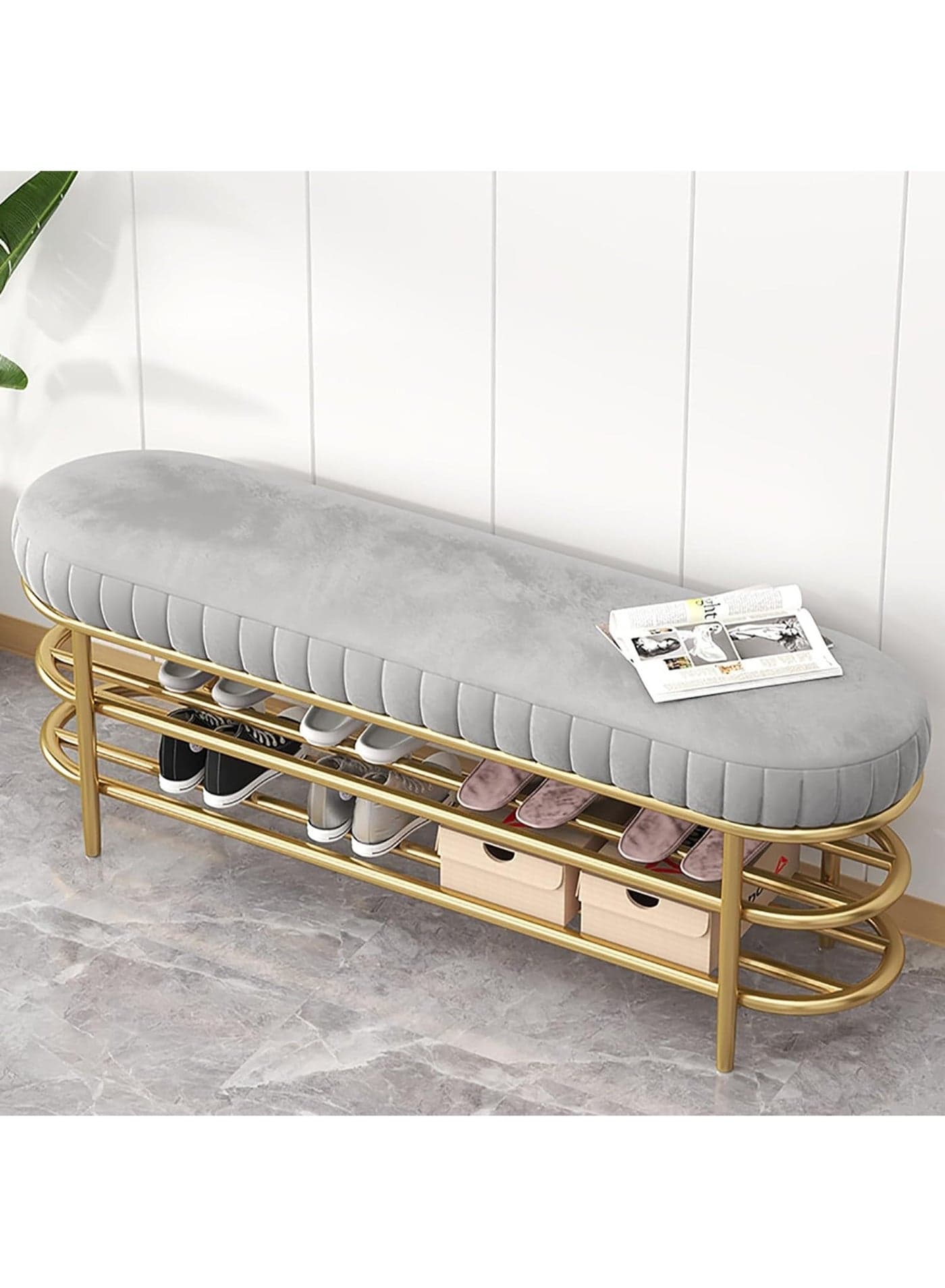 Velvet Shoe Bench with Double Shelf, Modern End Of Bed Bench - Entryway Shoe Rack Bench with Metal Base for Living Room, Bedroom & Hallway