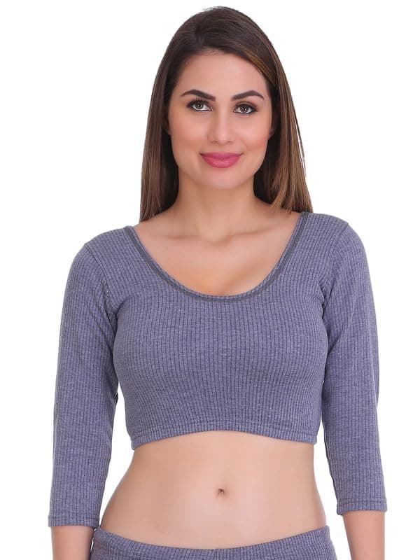 Selfcare Women Solid Cotton Blend Round Neck 3/4 Sleeve Blue Thermal Top (SW0604-XXL)