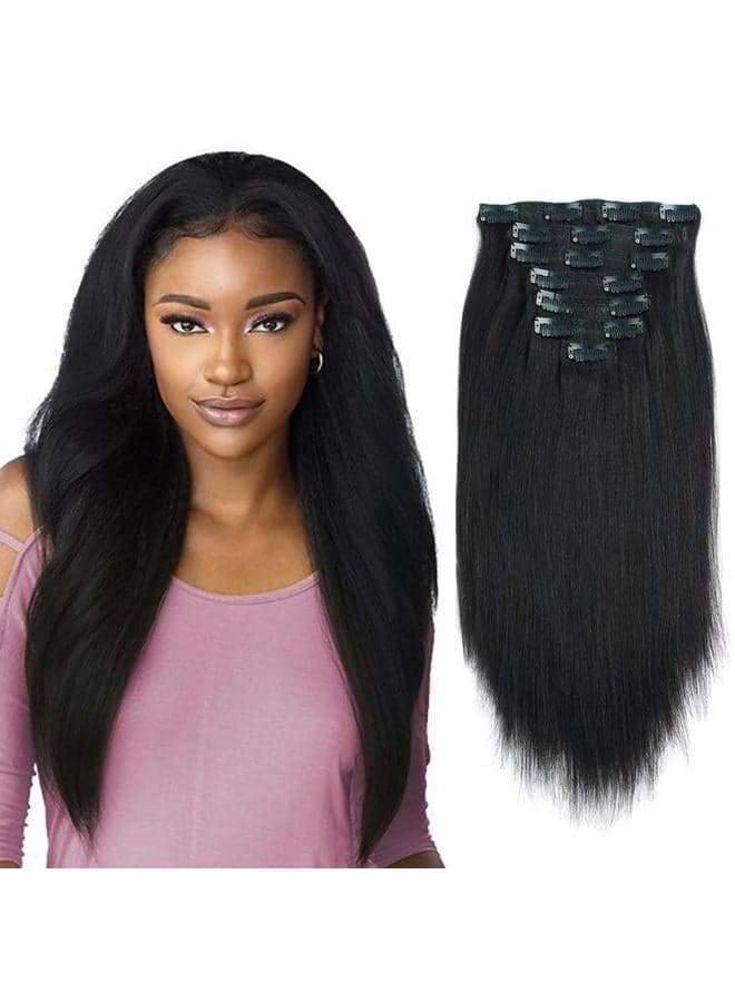 Lovrio Yaki Clip in Hair Extensions Human Hair Real Thick Straight Clip in Hair Extensions Human Hair for Black Women, Remy Soft Jet Black Hair,120 Grams 7 Pieces With 17 Clips Yaki Hair 18 Inch