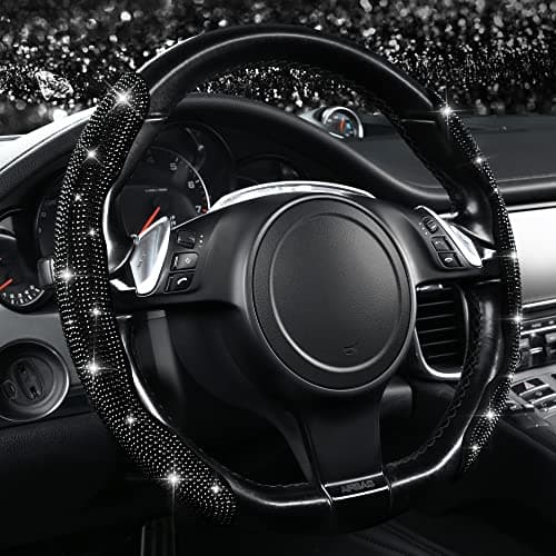 CAR PASS 2PCS Bling Diamond Segmented Steering Wheel Cover with Crystal Rhinestones Wheel Protector NonSlip Cute Car Accessories Universal Fit DShape OShape 145 to 16 for Women Black Diamond