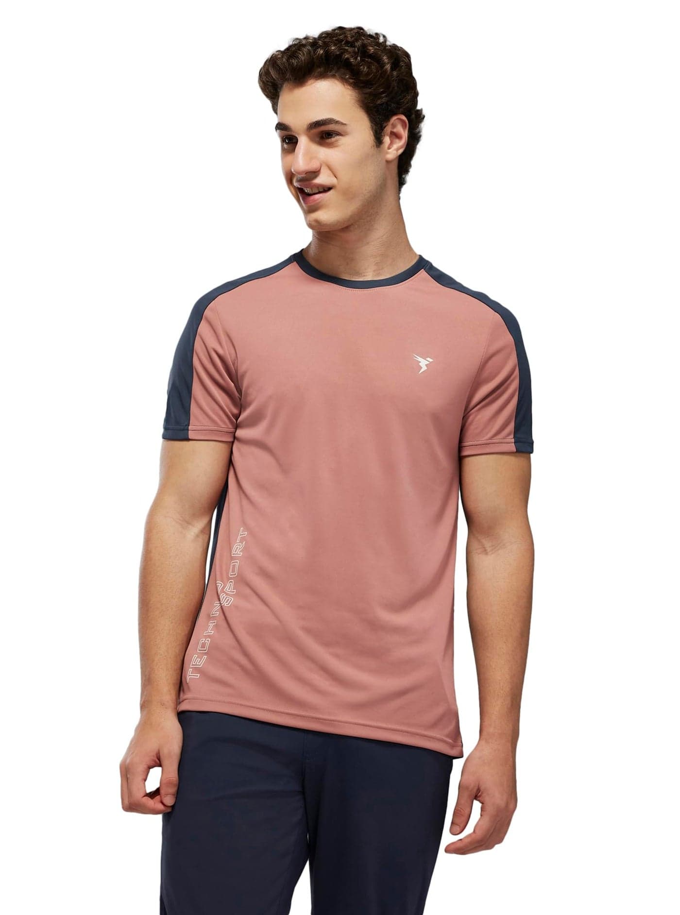 TECHNOSPORT Men's Slim Fit Color Block Short Sleeve T-Shirt (MTP808DRD_Dusty Red_2XL)