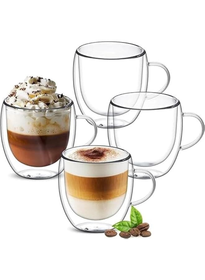 8 oz Double Walled Glass Coffee Mugs, Clear Cappuccino Glass Mug Set of 4, Double Insulated Glass Coffee Mugs with Handle, Latte Mug, Espresso Mug Cups for HotCold Drinks, Dishwasher Safe