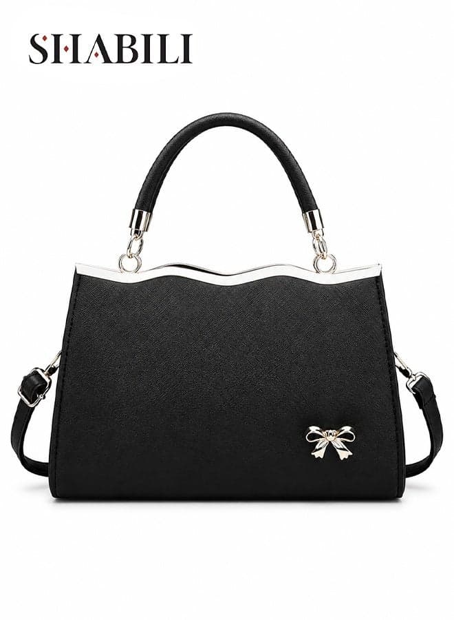 Women PU Shoulder Crossbody Satchel Tote Handbag,Ladies Bag Large Capacity Multi-Pocket Wave Metal Frame Bow Charm, Youth Cross Bags Holds Tablet Phone, For Daily Casual Travel Party (Black)