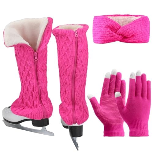 Ultrafun Figure Skating Leg Warmers Gloves Headband Set Fleece Zipper Skating Leg Warmers Socks Skating Accessories Equipment (Long-Rose red)