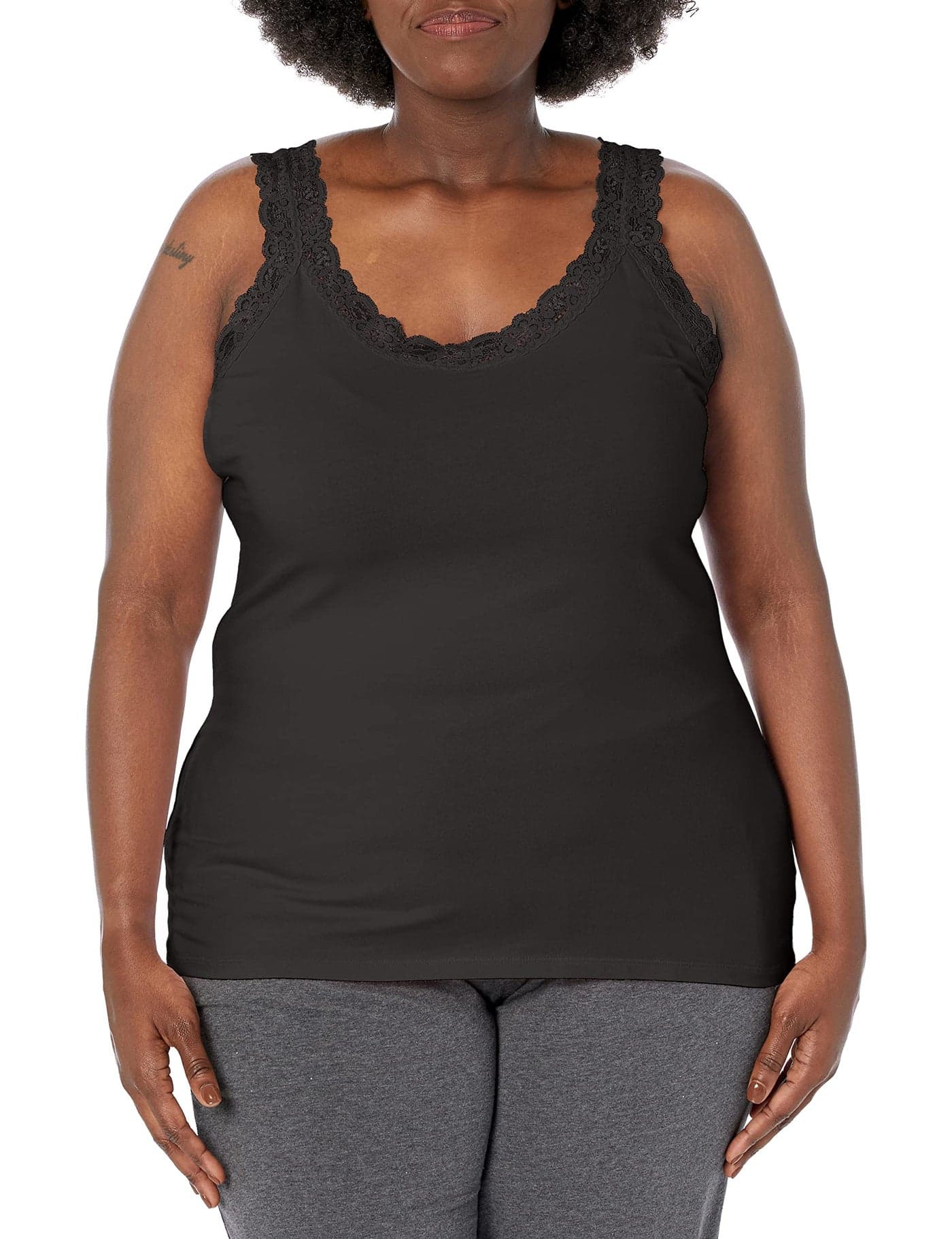 Just My Size Women's Plus Size Stretch Jersey Lace Trim Tank, Black, 5X