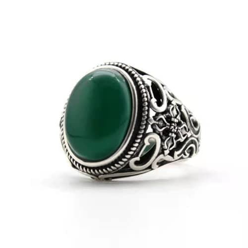 QUSIIOSLK 925 Sterling Silver Vintage Oval Shape Emerald Green Agate Open Ring for Men Adjustable Luxury Natural Red Agate Gemstone Ring Turkish Handmade Engrave Band Jewelry Gift for Women