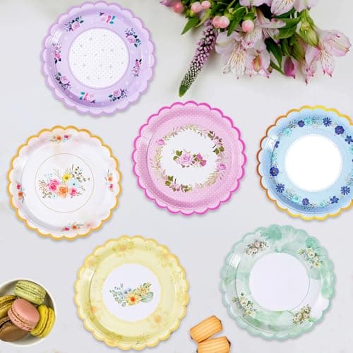 Tyzarglef 48 PCS Floral Paper Plates for Tea Party Decorations, 7 inch Disposable dessert plates for Bridal Shower, Garden, Wedding, Mother's Day Afternoon Tea Party