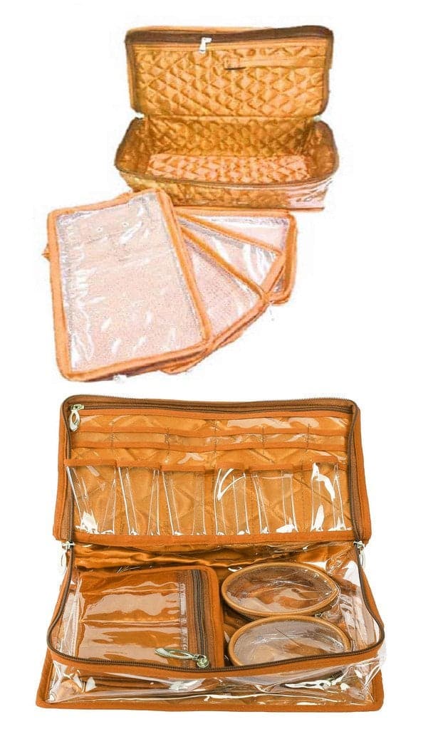 atorakushon Combo Jewelry EarringsTops Studs Half Set Vanity Case 5 Necklace Pouch Organizer Kit with 2 churi satin Wardrobe Organiser/Regular Makeup storage jewellery Vanity Box (Golden)