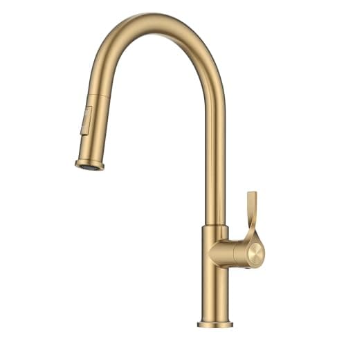 KRAUS Torak Pull Down Kitchen Faucet in SpotFree Brushed Brass with 2 Function Sprayer PreAttached Water Lines and Mounting Hardware KPF2840SFBB