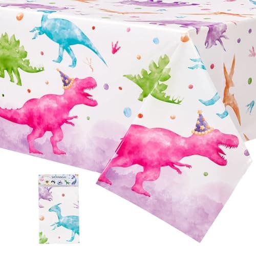 WERNNSAI Dinosaur Tablecloth 1 Pack 54 x 108 Pink Dino Table Cover Girl Dinosaur Party Decorations Disposable Plastic Table Cloth for Kids Dining Picnic Supplies