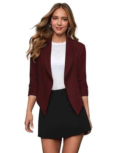 Hybrid & Company Lightweight Open Front Cardigan Classic Ruched Sleeve Work Office Blazer Suit Jackets JK1133 Wine XLarge