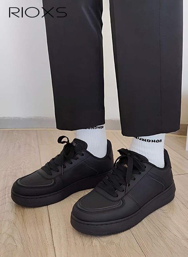 Men's Solid Low Ankle Sneakers, Black Casual Leather Sneakers with Classic Lace-Up Closure for Men, Comfort Breathable Mens Athlesiure Shoe Tennis Shoes, Anti-slip Lightweight Walking Shoes for Male Work/ Darily Wear, Versatile Sneakers for Trip Gathering Dating Working