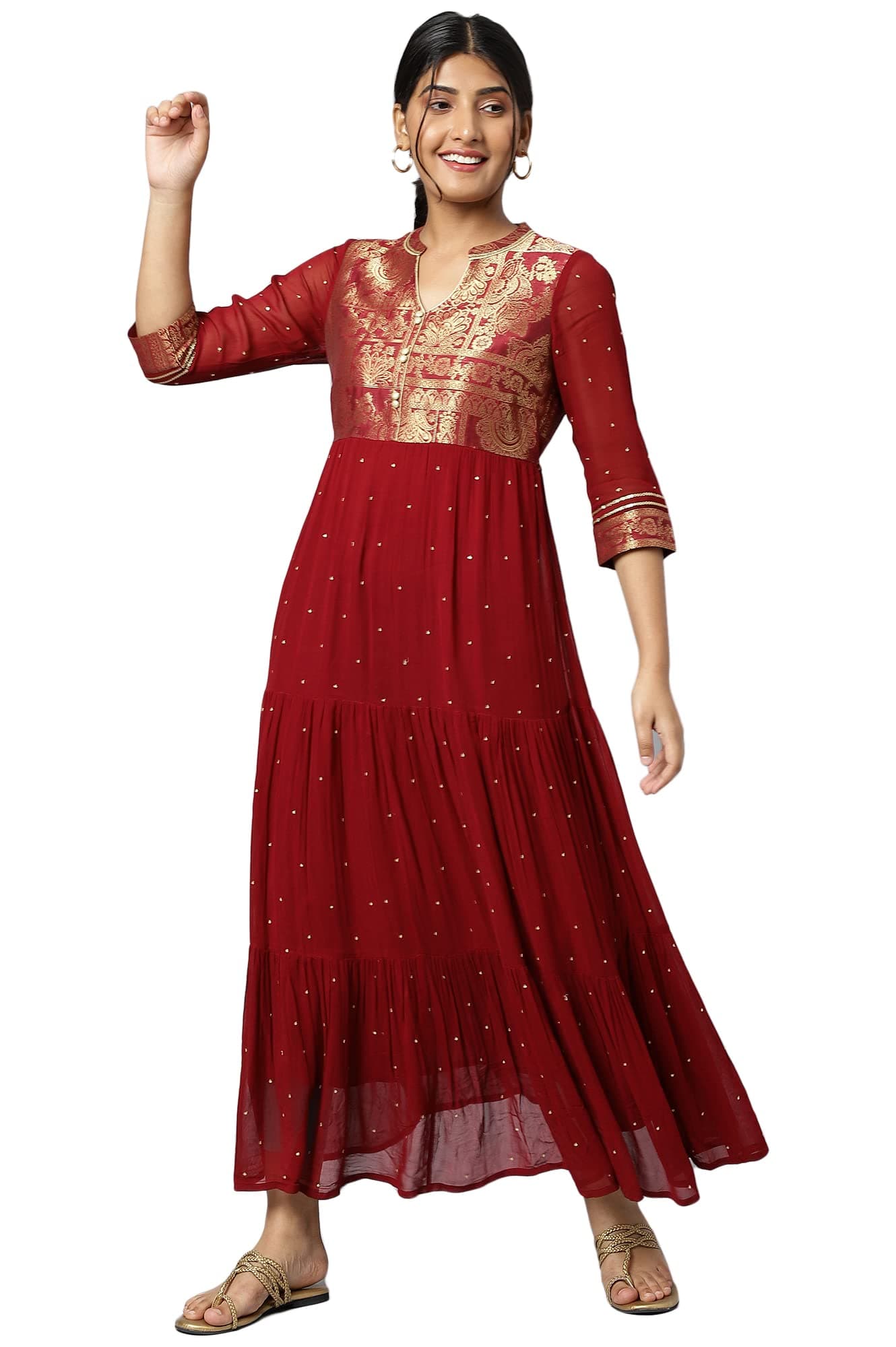 Aurelia Maroon Ethnic Motif Tiered Dress