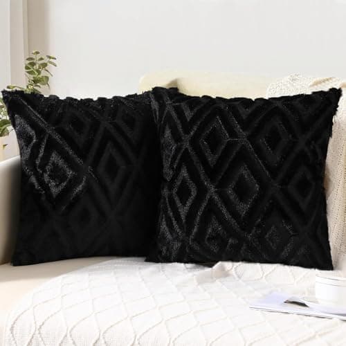 Pallene Soft Faux Fur Throw Pillow Covers 18x18 Set of 2 Plush Wool Decorative Couch Pillow Covers for Sofa Bed Living Room with 3D Diamond Pattern Black