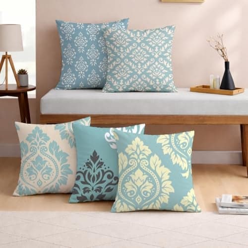 STITCHNEST Set of 5 Polycotton Cushion Covers – 12x12 Inches – Teal & Cream Ethnic Damask Print – Elegant Cushion Covers for Sofa, Couch & Living Room | Perfect for Home Decor