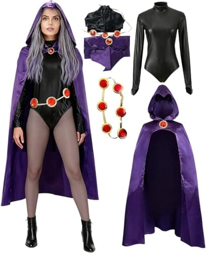 LOKI Helmet Womens Raven Cosplay Costume Jumpsuit Purple Cloak with Belt Halloween Costume Uniform for Girls