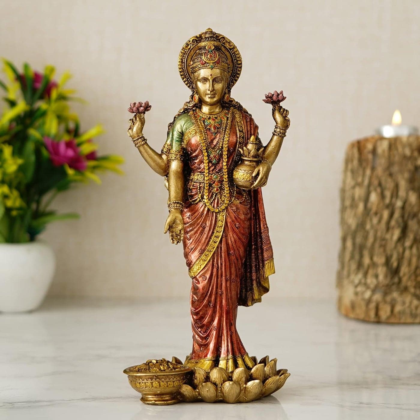 Shyam Antique Creation Big Standing Laxmi JiHindu God and Goddess IdolStatueMurtiFigurinePolyster ResinMulticolourHeight10 inches Decorative Showpiece Polyresin Multicolor