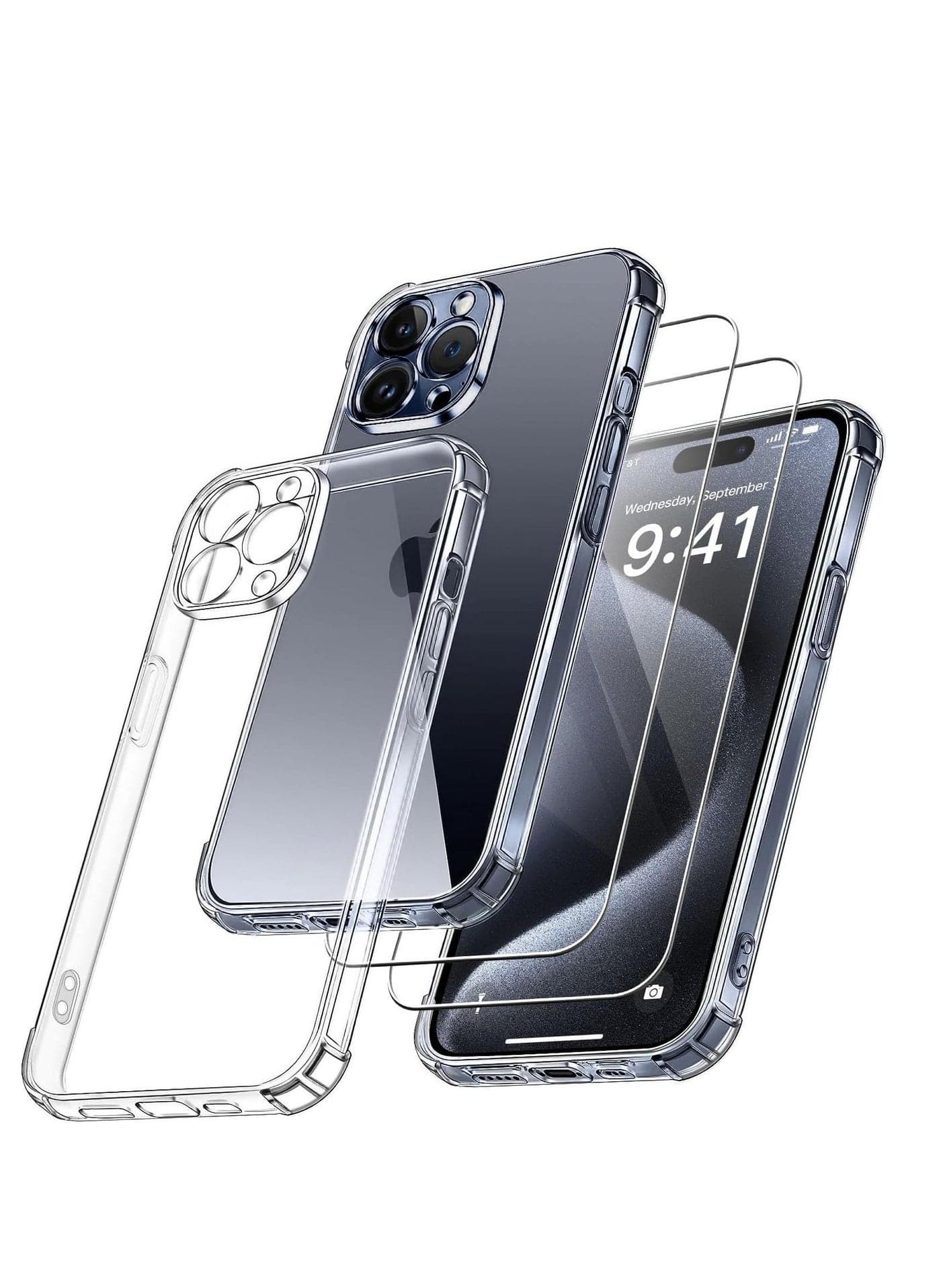 iPhone 15 Pro Max 3-in-1 Camera Cover – Clear Slim TPU Case, Includes 2 Tempered Glass Screen Protectors, Shockproof, Anti-Scratch Silicone