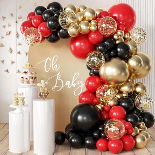 MEBAY Red Black Gold Balloons Arch Kit with Gold Confetti 166Pcs Red Gold Black Balloons Garland for Birthday Wedding Anniversary Movie Casino Night Hollywood New Years Festival Decorations
