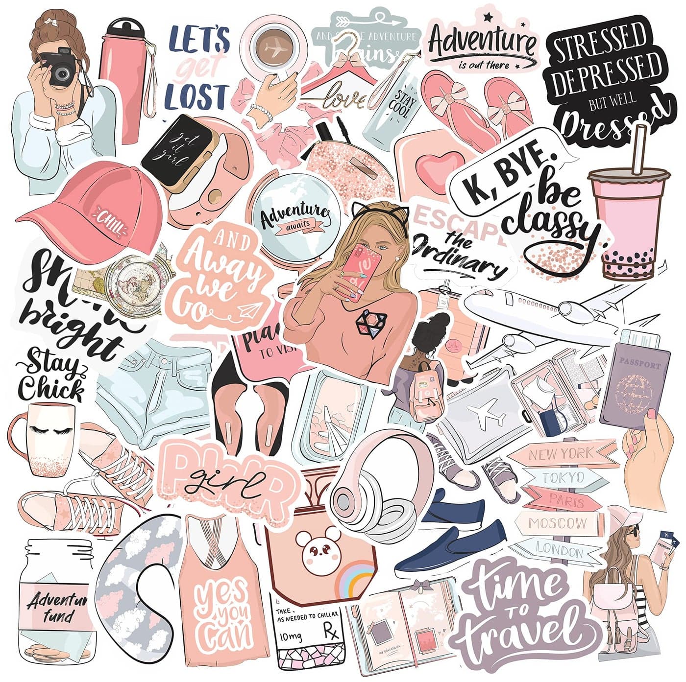 FlyBuyHub Girls Theme Aesthetic Vinyl Journal Stickers for Phone Case, Laptop, Notebook, Diary, Water Bottle, Etc Self-Adhesive Stickers Set of 120 Glossy and Waterproof Stickers (Pink Girls)