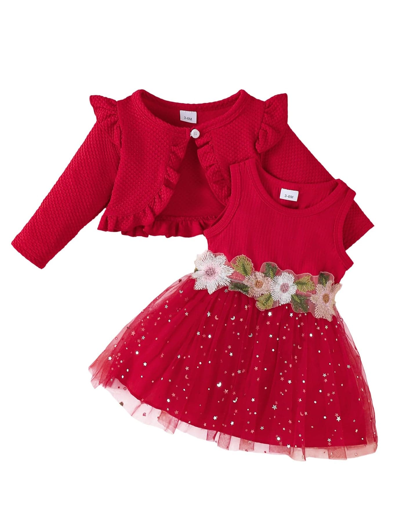 Newborn Baby Girl Christmas Tutu Dress Red Sequin Dresses Sleeveless Flower Dress with Long Sleeve Cardigan Set Birthday Party Princess Wedding Dresses for Baby Girl 3-6 Months Clothes