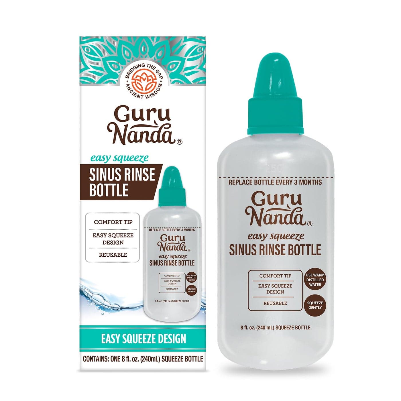 GuruNanda Sinus Rinse Bottle Comfort Tip for Natural Nasal Irrigator Relief for Adults Kids 240ml Capacity