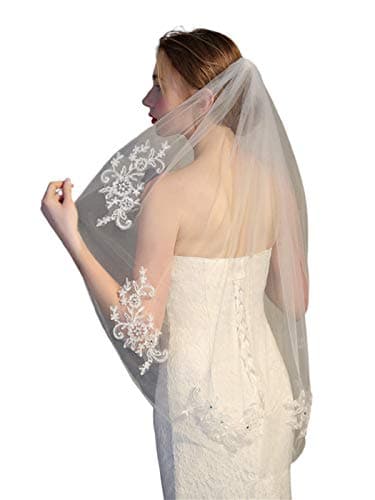 Bmirth 2 Tiers Bride Wedding Veil White Veil Bridal Bridal Tulle Wedding Veil with Flower Lace Edge and Comb (A-white) (Wedding veil)