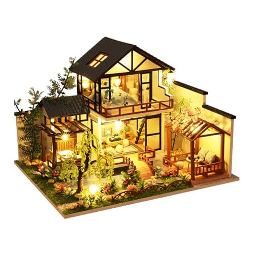 OZJAY DIY Miniature House Kit Tiny House Kit with LED DIY Wooden Dollhouse Miniature Kit for Adults Teen Wooden Crafts Lovely Dollhouse Kit Bamboo Stream Garden